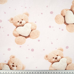 Cotton Fabric Plush Teddy Bears with Hearts on a Light Pink Background