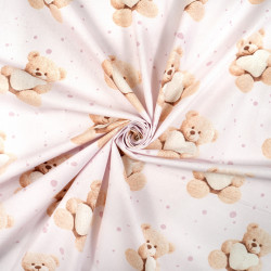 Cotton Fabric Plush Teddy Bears with Hearts on a Light Pink Background