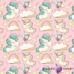 Cotton unicorns with balloons on pink background