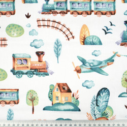 Cotton Fabric Train & Airplane in Brown-Green on a White Background