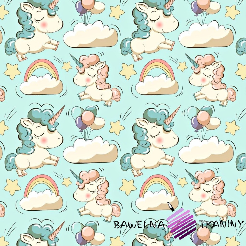Cotton unicorns with balloons on mint background