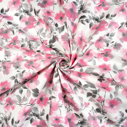 Cotton Fabric Pink & Gray Flowers on a White Background