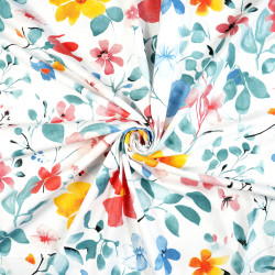 Cotton Fabric Red & Yellow Flowers with Turquoise Leaves on a White Background