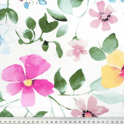 Cotton Fabric Fuchsia & Yellow Flowers with Green Leaves on a White Background