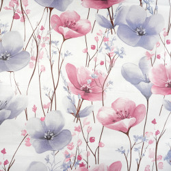 Cotton Fabric Large Pink & Blue Flowers on a White Background
