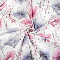 Cotton Fabric Large Pink & Blue Flowers on a White Background