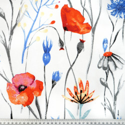 Cotton Fabric Large Poppies & Cornflowers on a White Background