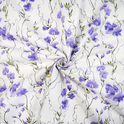 Cotton Fabric Purple Flowers on Vines on a White Background