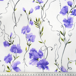 Cotton Fabric Purple Flowers on Vines on a White Background