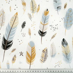 Cotton Fabric Beige & Gray Feathers on an Ecru Background
