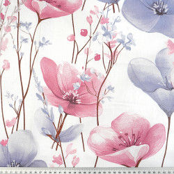 Cotton Fabric Large Pink & Blue Flowers on a White Background