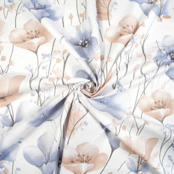 Cotton Fabric Large Beige & Blue Flowers on a White Background
