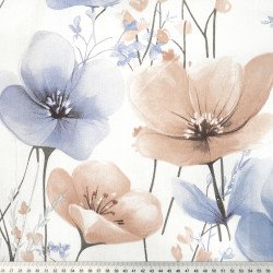 Cotton Fabric Large Beige & Blue Flowers on a White Background