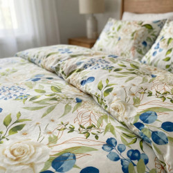 Cotton Fabric Blue-Green Flowers & Eucalyptus on a White Background