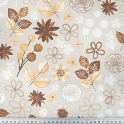 Cotton Fabric Brown Flowers & Leaves on a Beige Background