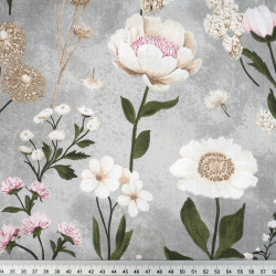 Cotton Fabric Floral Garden on a Gray Background