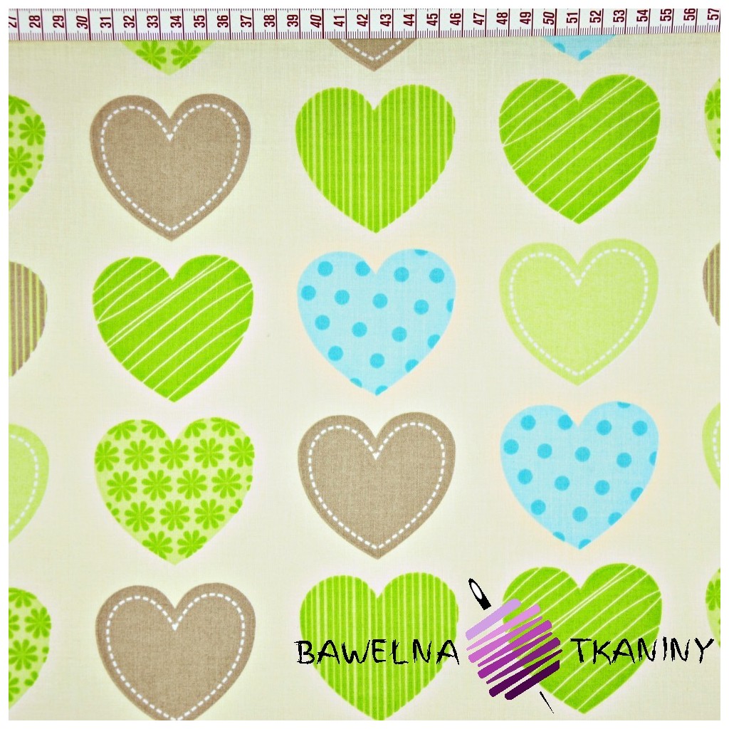Cotton green hearts on ecru background