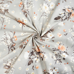 Cotton Fabric Lily of the Valley & Wild Rose on a Gray Background