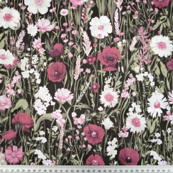 Cotton Fabric Burgundy Poppies on a Black Background