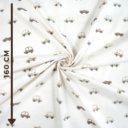 Cotton Fabric Beige-Brown Cars on a White Background