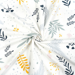 Cotton Fabric Yellow & Sage Leaves and Branches on a White Background
