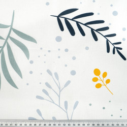 Cotton Fabric Yellow & Sage Leaves and Branches on a White Background