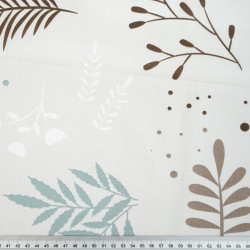 Cotton Fabric Sage & Brown Leaves and Branches on a Light Gray Background