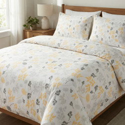 Cotton Fabric Yellow & Gray Leaves on a White Background