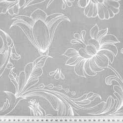 Cotton Fabric White Outline Flowers on a Gray Background