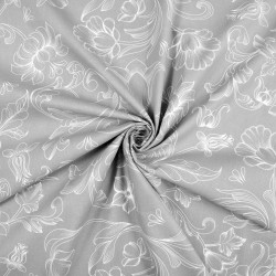 Cotton Fabric White Outline Flowers on a Gray Background
