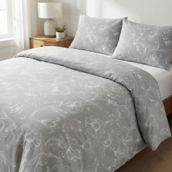 Cotton Fabric White Outline Flowers on a Gray Background