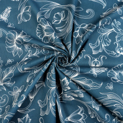 Cotton Fabric White Outline Flowers on an Denim Background