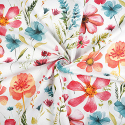 Cotton Fabric Large Red-Orange-Turquoise Wildflowers on a White Background