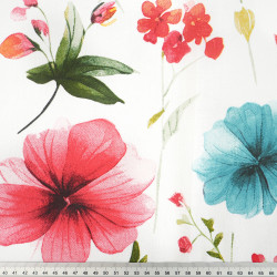 Cotton Fabric Large Red-Orange-Turquoise Wildflowers on a White Background