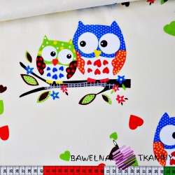 Cotton big owls with hearts on ecru background