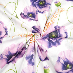 Cotton Fabric Large Purple Poppies on White Background