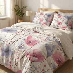 Cotton Fabric Large Pink & Blue Flowers on a White Background