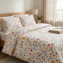 Cotton Fabric Yellow & Red Flowers on Navy Branches on a White Background