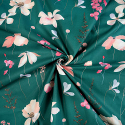 Cotton Fabric Salmon Flowers on a Dark Green Background