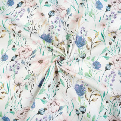 Cotton Fabric Denim Blue-Pink-Purple Flowers with Branches