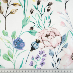 Cotton Fabric Denim Blue-Pink-Purple Flowers with Branches