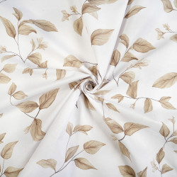 Cotton Fabric Beige Leaves on Branches on a White Background
