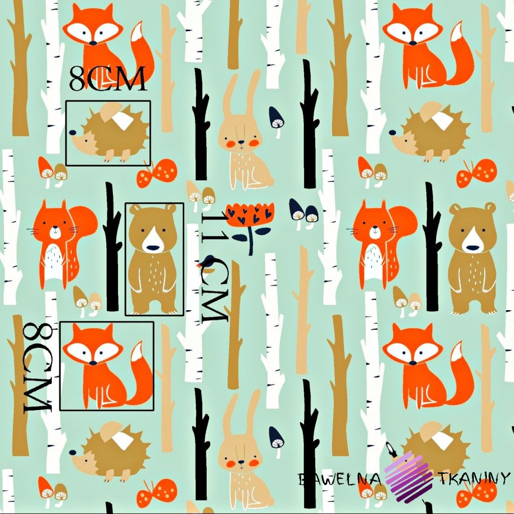 Cotton animals in forest on mint background