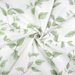 Cotton Fabric Green Leaves on Branches on a White Background