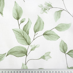 Cotton Fabric Green Leaves on Branches on a White Background