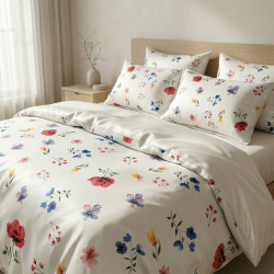 Cotton Satin Fabric Colorful Flowers on a White Background