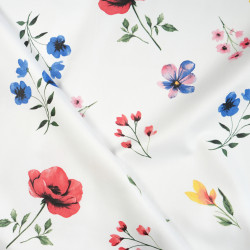 Cotton Satin Fabric Colorful Flowers on a White Background