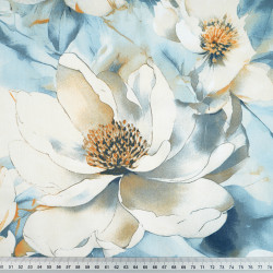 Printed Cotton Satin Fabric Denim Blue & Beige Peonies
