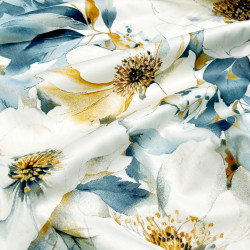 Printed Cotton Satin Fabric Denim Blue & Beige Peonies