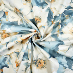 Printed Cotton Satin Fabric Denim Blue & Beige Peonies